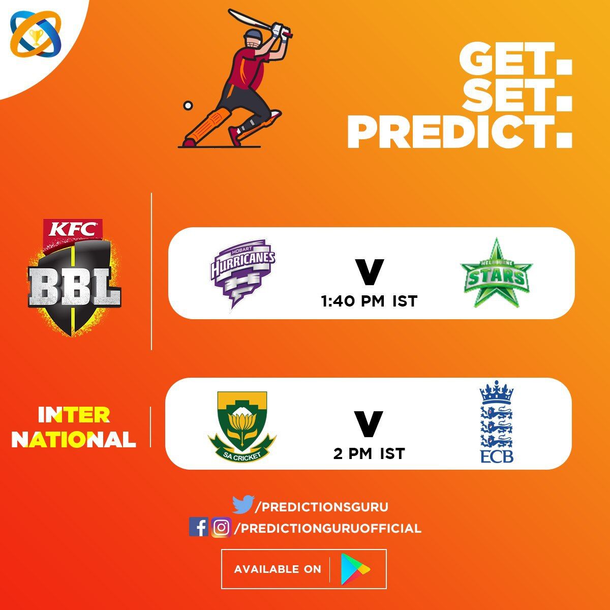 PredictionsGuru's tweet photo. HUR🌀  v STA⭐️ | Tips Available🎟
SA🇿🇦 v ENG🏴󠁧󠁢󠁥󠁮󠁧󠁿 | Tips Available🎟

Predict/Get 'TIPS🎟' Now ➜ https://t.co/0Tcqyw5VzN 🏏
.
.
#BBL09 #tasmaniasteam #TeamGreen #SAvENG #Predictions https://t.co/an6p6tCkJg
