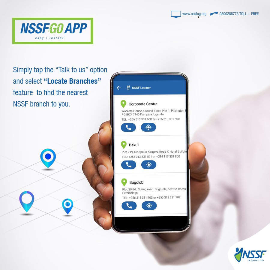 nssfug's tweet photo. Are you still out of town and would like to visit an NSSF branch near you? 

You can now easily find our branches upcountry through the #NSSFGoApp. https://t.co/WD21gewPtc