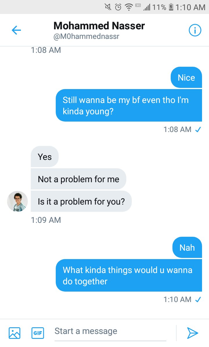 HomecummingQ's tweet photo. @M0hammednassr out here trying fuck little teenaged girls y'all jsyk. Told him I'm 15 and he went with it. Watch your fucking daughters. Gross af. #pedoguy #PedophiliaIsAbominable more in the reply. https://t.co/bozd16yyC3