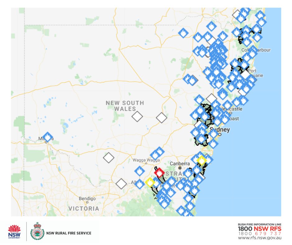 NSWRFS's tweet image. At 6pm there are 138 fires burning across NSW, with 74 uncontained. Tomorrow will bring dangerous fire conditions for much of the state, particularly in the south. The NSW RFS advises people to leave a number of areas before tomorrow: rfs.nsw.gov.au/fire-informati… #nswrfs #nswfires