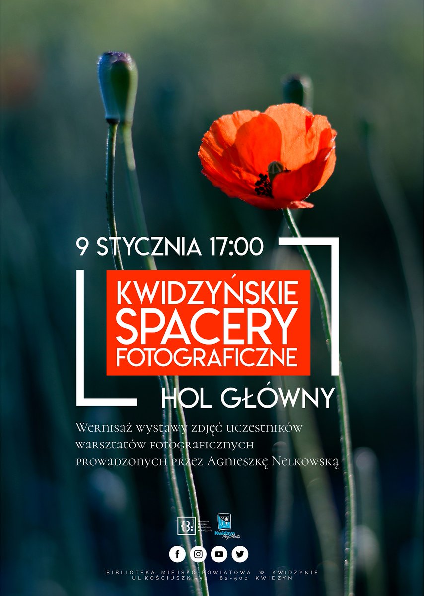 9 stycznia o 17:00 w holu głównym biblioteki odbędzie się wernisaż wystawy "Kwidzyńskie Spacery Fotograficzne". Wystawa jest efektem pracy uczestników warsztatów fotograficznych, prowadzonych przez Agnieszkę Nelkowską. Serdecznie zapraszamy!
#kierunekspotkanie