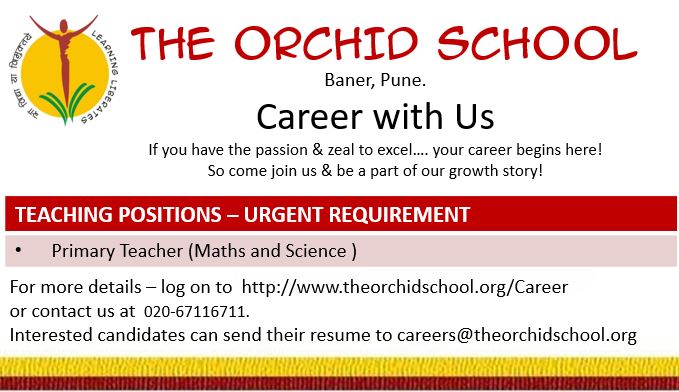 theorchidschool's tweet photo. The Orchid School, Baner, Pune has an immediate opening for a Primary school teacher. If interested, kindly mail your resume to careers@theorchidschool.org.

We welcome you to the opportunity of getting associated with The Orchid School and be part of our ever growing family. https://t.co/U2olO0XLLp