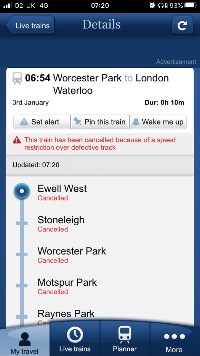 thepfphysio's tweet image. @SW_Help 
Last thing at night 0654 WCP-WAT running. 
First thing this morning as above 👍🏻
Checked again around 0645 and train now cancelled 👎🏻Reasons given=land slip... Now this? More info pls #poorcomms #newyearsameoldrubbish #nhsworker #lateforworkagain