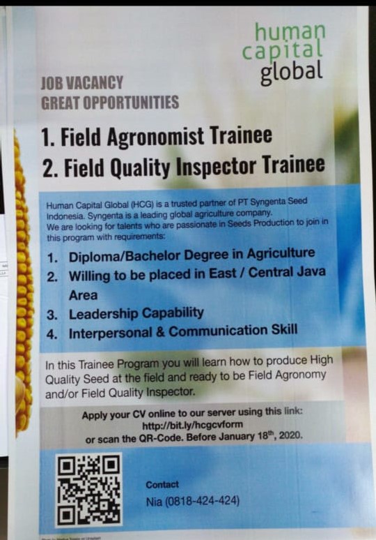#REKRUITMEN PT. SYNGENTA SEED, Dear Alumni Fakultas Pertanian silakan mengikuti proses rekruitmen yang akan dilaksanakan pada SELASA, 14 Januari 2020 DI Ruang Seminar 1.1 FPUB, Silakan Langsung Klik Link dibawah untuk Pendaftaran sebelum tanggal 18-01-20, bit.ly/hcgcvform