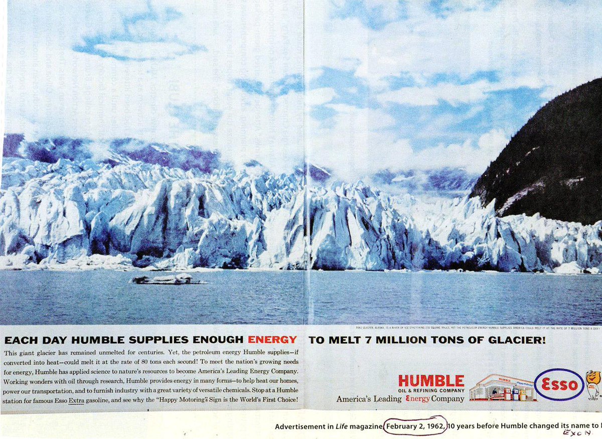 evnnoz's tweet photo. @exxonmobil_aus Exxon (formerly Humble), 1962: "Each day Humble supplies enough energy to melt 7 million tons of glacier!"
2020: 🔥🔥🔥🔥🔥 😑
Just shut up.
#ExxonKnew https://t.co/AYEvWIYs4g