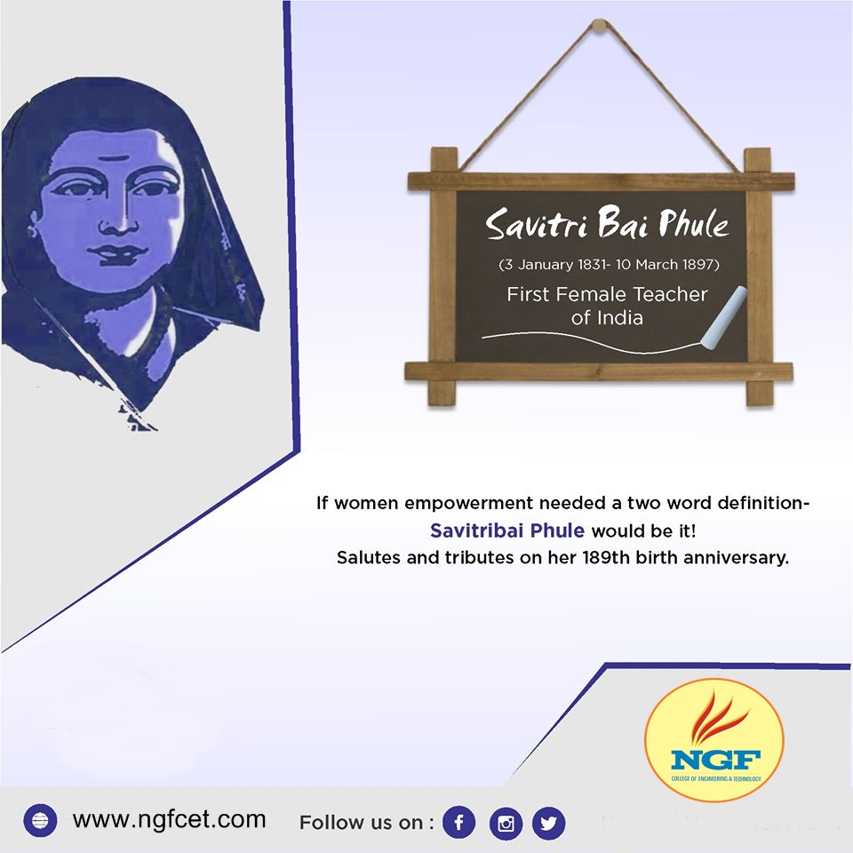 NGFCollege's tweet photo. Remembering #SavitribaiPhule - The First Female Teacher of India!
If Women Empowerment Needed a Two Word Definition “SavitriBai Phule” would be it. #NGFCollegeofEngineeringandTechnology salutes and pays its tribute to #Savitribai_Phule on her birth anniversary.
#Women_Empowerment https://t.co/UVffX94V44