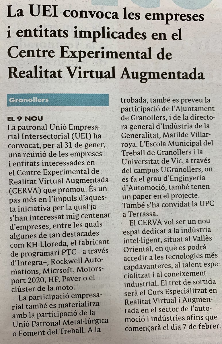 Avui ens hem despertat essent protagonistes en una notícia al @EL9NOU_VOr en l'edició paper📰.

S'informa de la reunió que es durà a terme el 31/01 a la UEI sobre el CERVA, on hi participaran empreses de renom nacional com <a href="/KH7oficial/">KH-7</a> o <a href="/MicrosoftES/">Microsoft España</a> .

👉Encara no l'has vist?