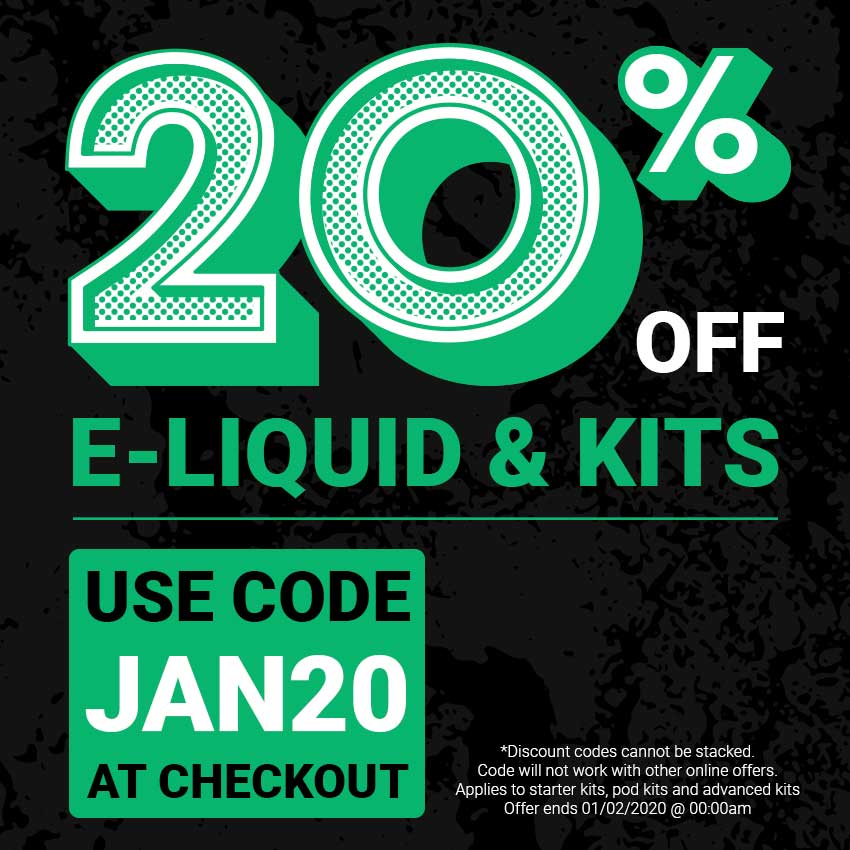2020 brings a 20% January discount. This offer applies to all e-liquid and kits, online and in-store. Use code JAN20 online. 😃