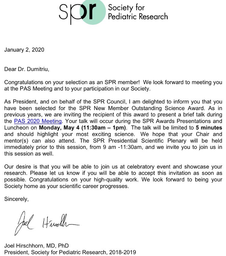 theDOORlab's tweet photo. I got a most wonderful bday present today! Not only was I accepted into SPR this year but they just awarded me the New Member Outstanding Science Award! 

Hope to see some of my #Pediatrician friends at #PAS2020! https://t.co/fRrPngCqos