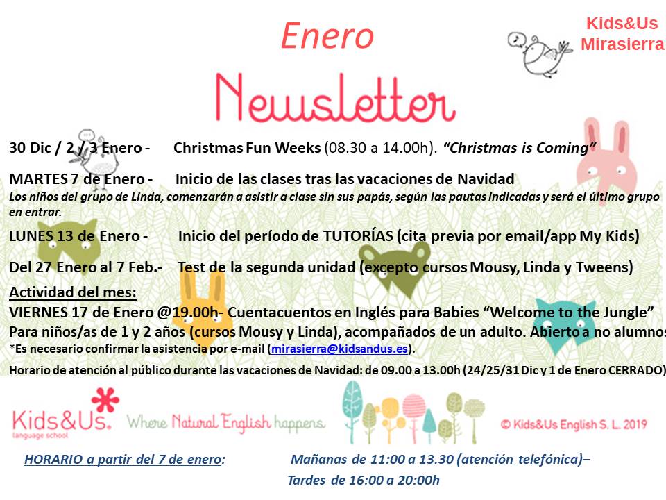 KMirasierra's tweet photo. Aquí os dejamos la Newsletter del mes de enero, para que estéis al tanto de todas las novedades que nos esperan a la vuelta de vacaciones.
¡Feliz año 2020 para todas nuestras familias Kids!
#Mirasierra #Kidsandus https://t.co/aUxWrSKdaB