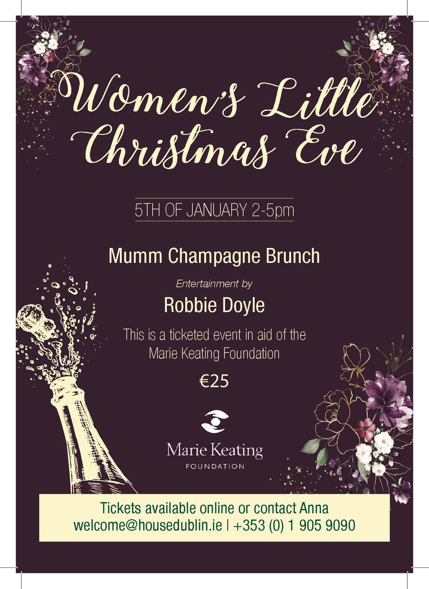 It's not to late to grab your ticket for <a href="/HouseDublin2/">House - Dublin</a> Women's Little Christmas lunch THIS Sunday 5th January.
Enjoy an afternoon of brunch, bubbles, goodies bags and lots of raffle prizes while helping to support our vital support service.
See tinyurl.com/tqdx8hh for more.