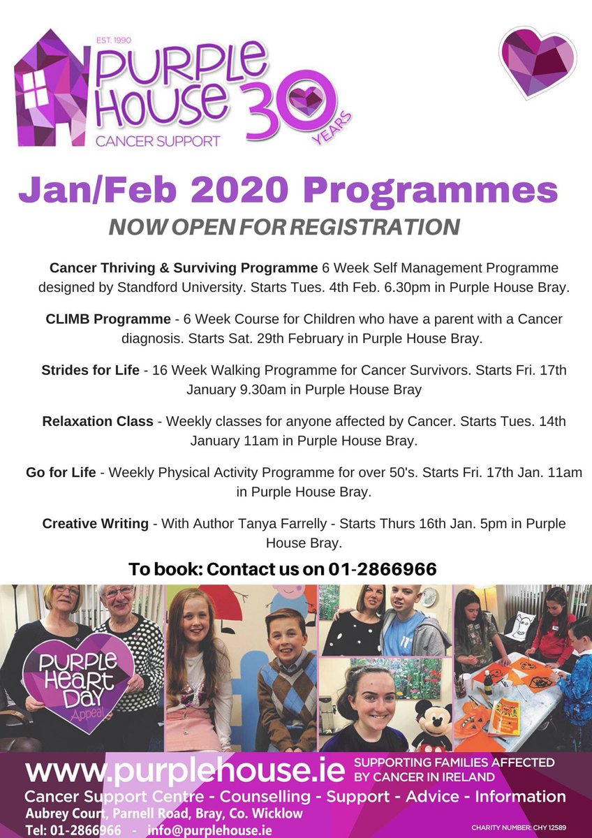 PurpleHouseIRL's tweet photo. We have been busy preparing for 2020 and our new January 2020 Classes and Programmes have been updated and are now open for registration.

Some popular courses include:
- Stanford Cancer Thriving &amp; Surviving Programme
- CLIMB Children's Programme
https://t.co/RSdC0UJLNC https://t.co/ZfLc0qQPLU