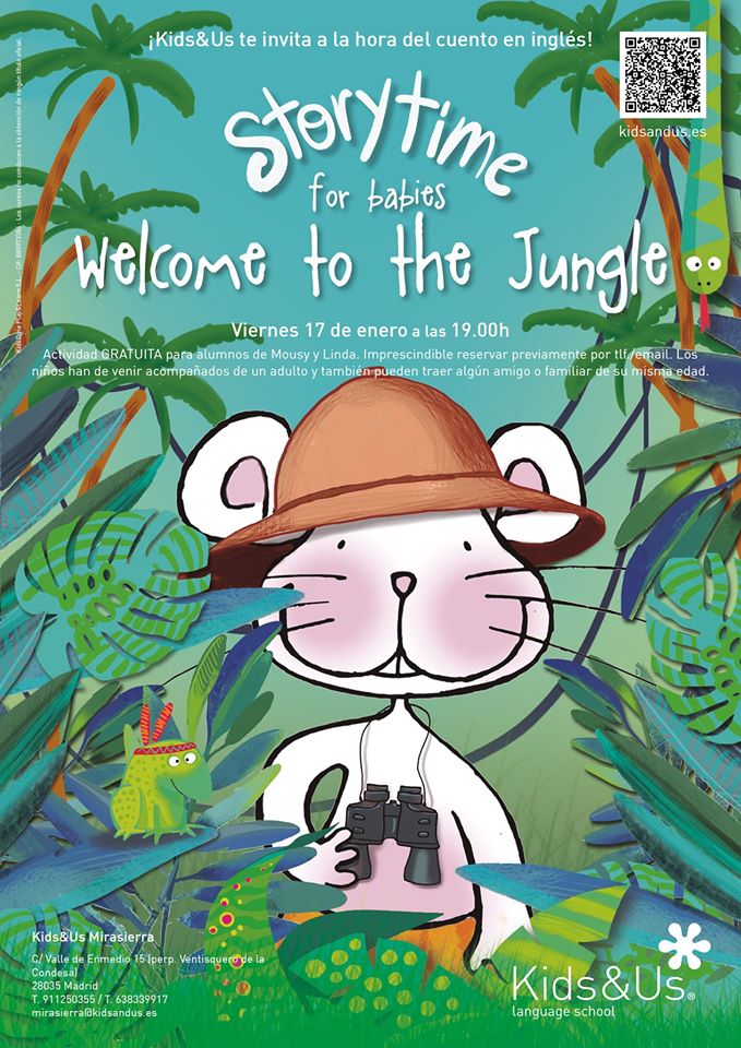 KMirasierra's tweet photo. Acompaña a tu peque y ven a descubrir las aventuras de Mousy en la selva...Nuestro próximo Cuentacuentos en Inglés está dirigido a niños de 1 y 2 años, acompañados de un adulto (solo un acompañante por niño). Es gratuito y necesario reservar previamente por teléfono/email. https://t.co/56fQG6yETT