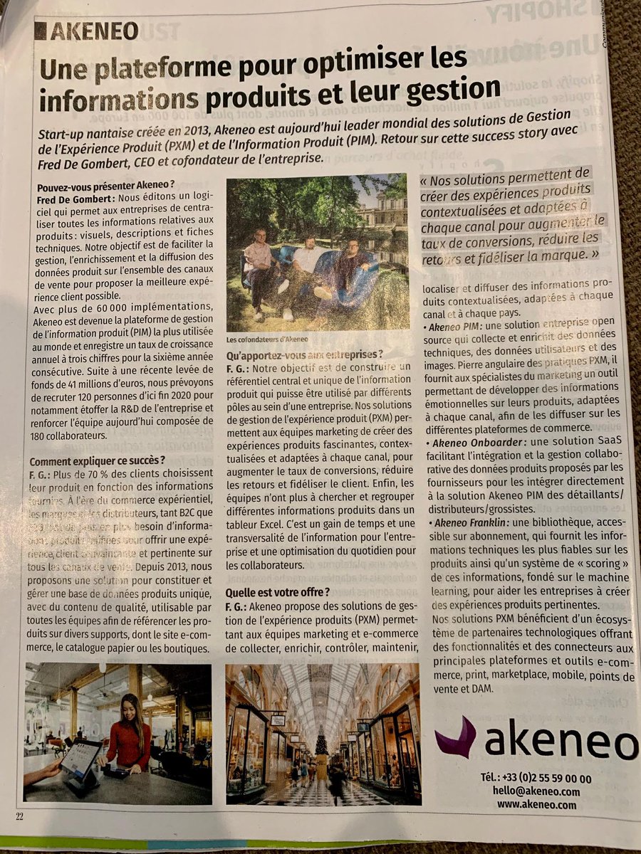MartinFebvre's tweet photo. Akeneo dans le cahier special eCommerce du LeFIGARO en décembre ! Une belle façon de conclure une année 2019 riche en échanges avec les marques et revendeurs locaux comme mondiaux. Bonne Année 2020 à tous ! https://t.co/9Vs9TdwIx7