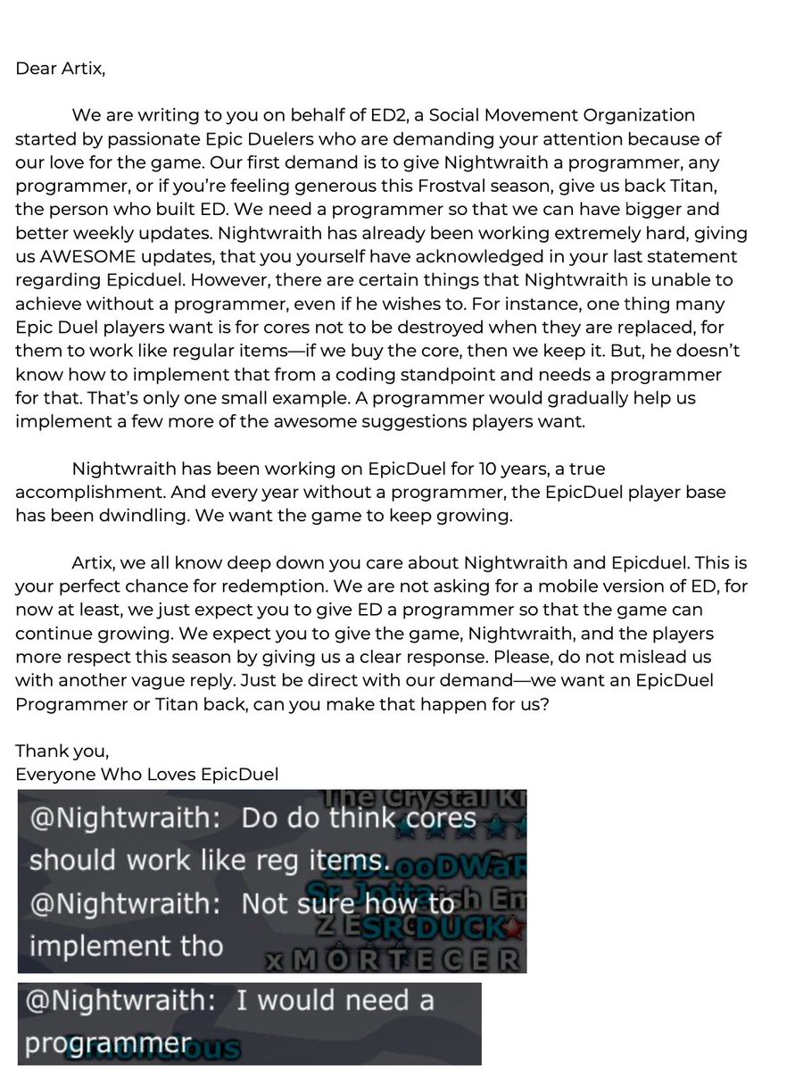 iamawesome_ED's tweet photo. @ArtixKrieger, this letter is for you. Please read it. It was written on behalf of #ED2. ED Community, read it &amp; show Artix how you really feel. Tag him with your thoughts. Retweet and let your voice be heard. Let's get 500 RT by Tuesday #EDCodes #AQW #AQW3D Retweet if you agree! https://t.co/Qe8Mzv0sYl