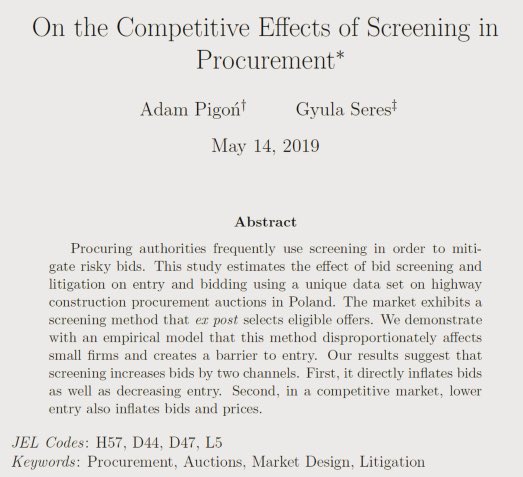 TILEC1's tweet image. Adam Pigon &amp;amp; Gyula Seres (@SeresGyula) on the competitive effects of screening in procurement  papers.ssrn.com/sol3/papers.cfm? abstract_id=3392328 #HolidayReads #ResearchHighlights 
#DiscussionPapers