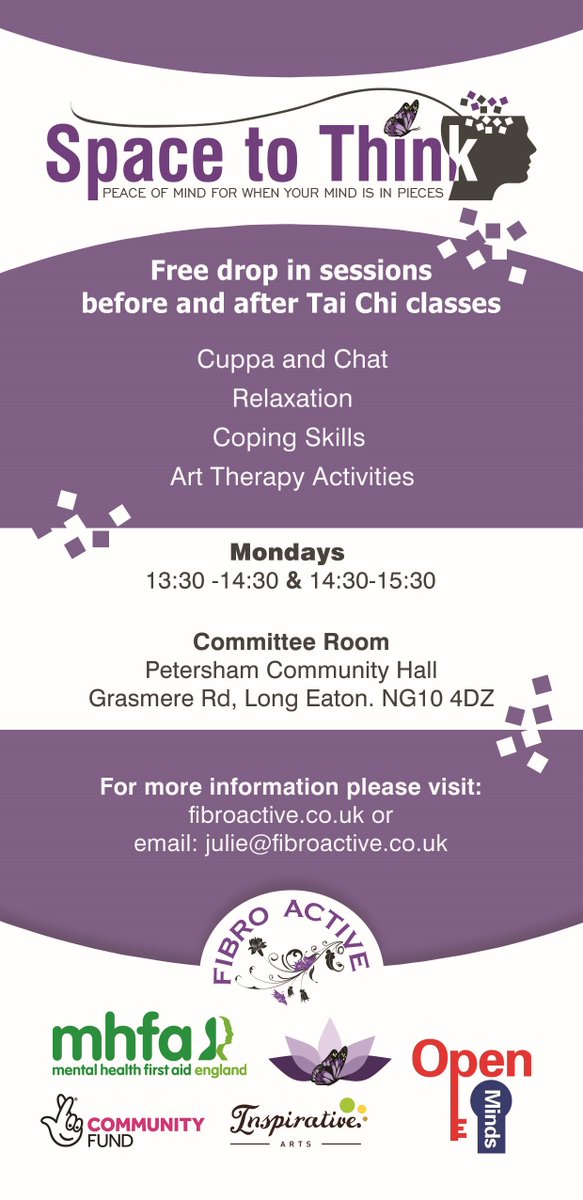 Fibro Active's Tai Chi classes will resume Monday 6th January 2020. They have also extended the classes with their new project Space to Think. For more information visit fibroactive.co.uk or email julie@fibroactive.co.uk. <a href="/FibroActive/">Fibro Active</a>