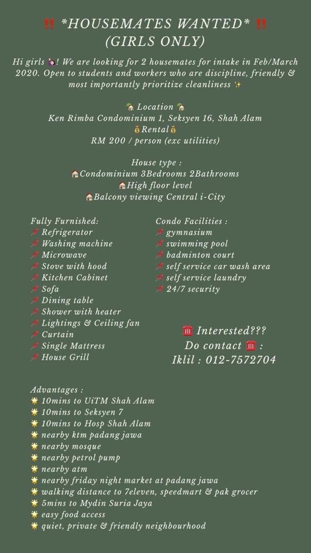faizrahm4n's tweet photo. Hi everyone! My friend is looking 2 housemate in Ken Rimba @ Seksyen 16 Shah Alam 
#rumahsewashahalam
Tolong rt 🥺
@IniAlannn @KaharuddinIntan @gulaaaaaaa @HermyRahim @InjangNation @MPPUiTM_SA @UiTMconfession @ainmhn https://t.co/lVs2SoM0mZ