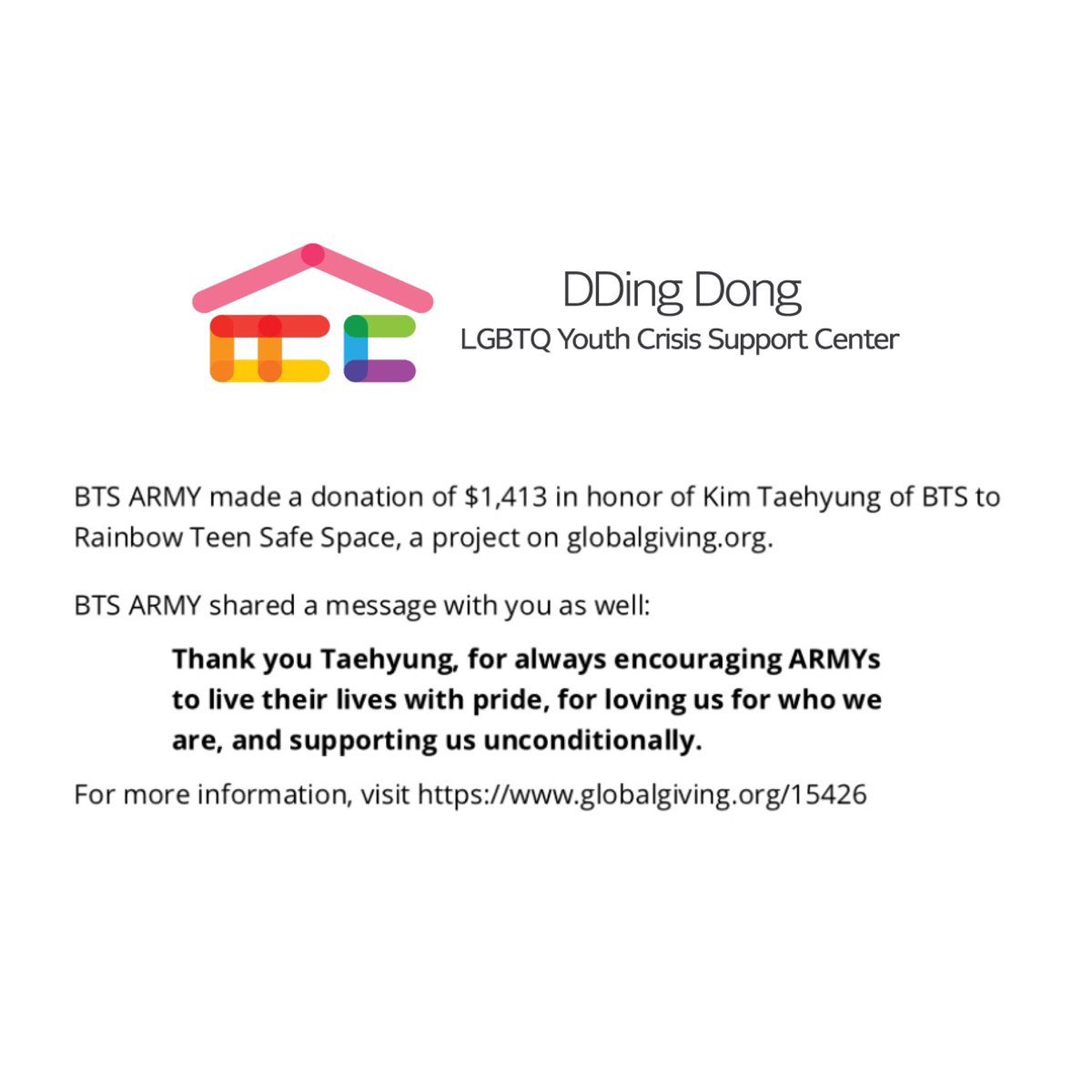 gaysobi's tweet photo. in honour of taehyung and his birthday, armys have donated $1413 (approx. 1.65 million KRW) to dding dong, an lgbtq youth crisis center in korea! 🏳️‍🌈

thank you so much to everyone who made this possible!! and happy (late) birthday tae 🥺💜

@DDingDong119 @BTS_twt #KimTaehyung https://t.co/gmKDGmTSe8