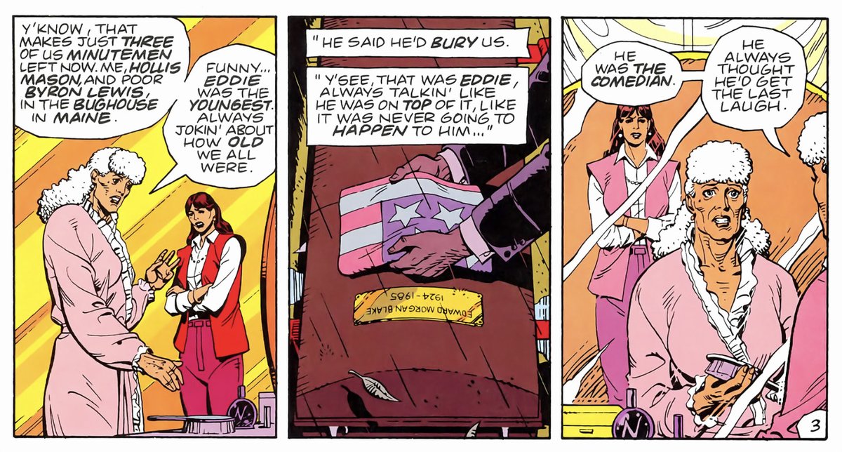 For reference, this is the actual lettering style of the book – Dave Gibbons's default hand-lettering, with balloons drawn with quick, angled strokes. Further (not seen here), only the tails actually break the panel borders. The balloons themselves are butted against them.