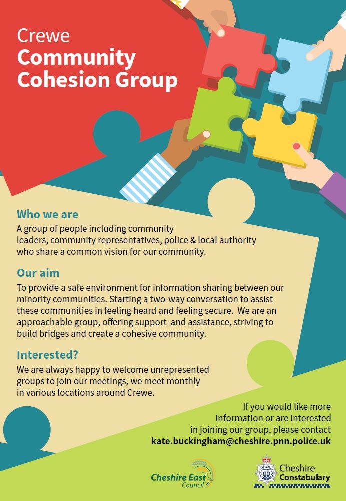 CreweStBarnPol's tweet photo. If you would like to find out more about the Crewe Community Cohesion Group please contact Inspector Buckingham for more information.
kate.buckingham@cheshire.pnn.police.uk
#CrewePolice #WeCare #CommunityPolicing https://t.co/6nMraWmre2