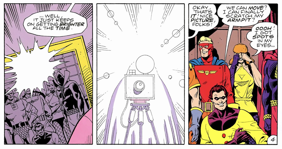 But when the narrative shifts to the 1940s, for the Minutemen sections, Gibbons shifts to using more retro-looking scalloped balloons. It's a subtle but effective indicator of a simpler, brighter time (which turns out to be nothing of the sort).