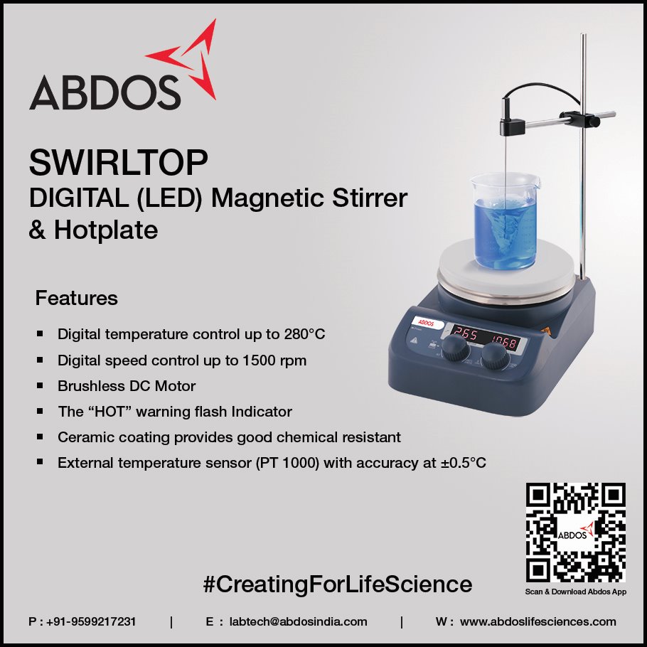AbdosLabtech's tweet image. SWIRLTOP DIGITAL (LED) Magnetic Stirrer &amp;amp; Hotplate

=&amp;gt; Digital temperature control up to 280°C
=&amp;gt; Digital speed control up to 1500 rpm
=&amp;gt; External temperature sensor (PT 1000) with accuracy at ±0.5°C

#abdos #lifesciences #creatingforlifescience #hotplate #magneticstirrer