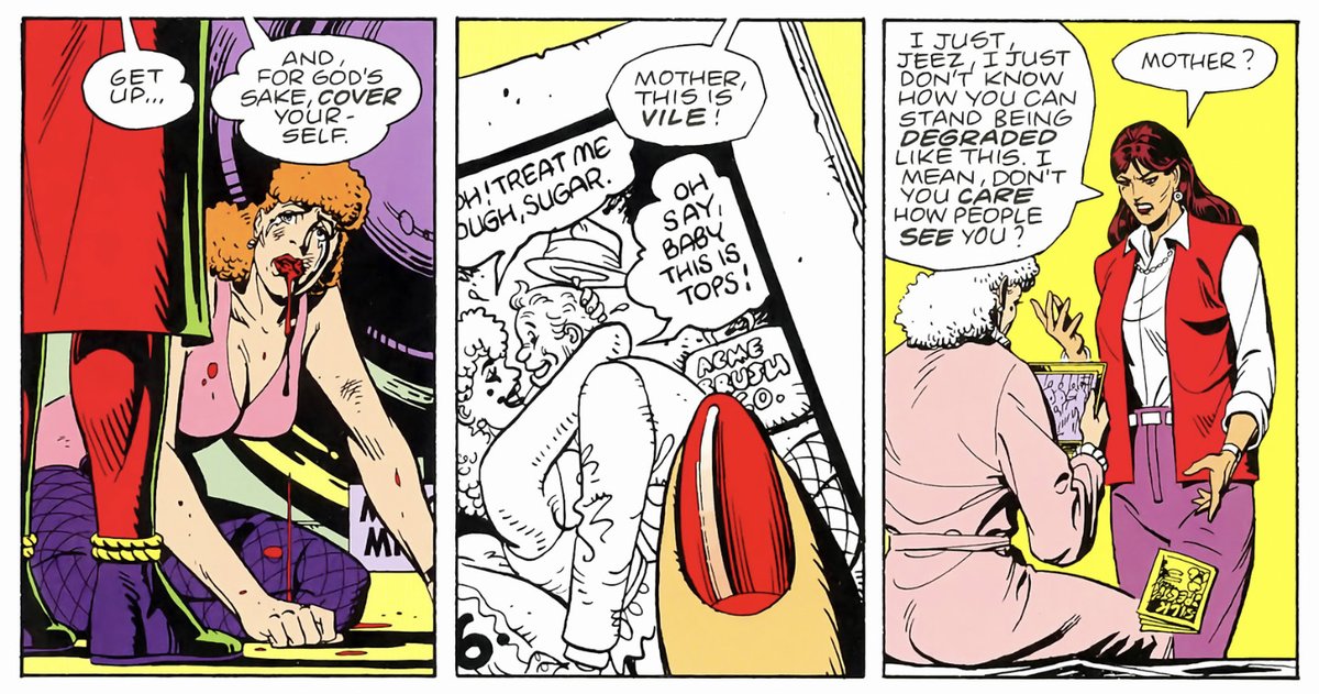 The little Tijuana Bible based on Sally Jupiter gets its own individual lettering style even though it appears only for a panel, and this time it gets its own font too, and both are inspired by actual Tijuana Bible lettering styles. (CW: VAW)