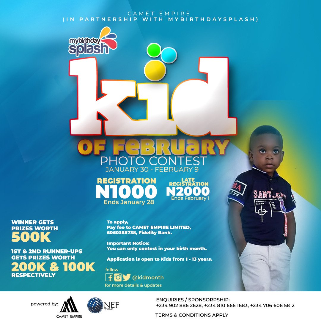 KidMonth's tweet photo. KID OF JANUARY

Vote by Retweeting the picture
To register for other months:
Kindly pay/transfer the registration fee of 1k to:
CAMET EMPIRE LIMITED
6060388738, Fidelity Bank
 https://t.co/MgzM5K9cTt
Kindly use chrome or UC browser for registration

Enquiry - +2349028862628 https://t.co/2jDXgC1qzJ
