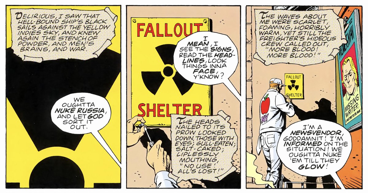 This one goes last, since it's likely a John Higgins trick rather than a Gibbons one, but the torn-parchment captions of the Black Freighter narrative, with calligraphic initial caps, are coloured with halftone dots to distinguish it from the clean colours used for "real life".