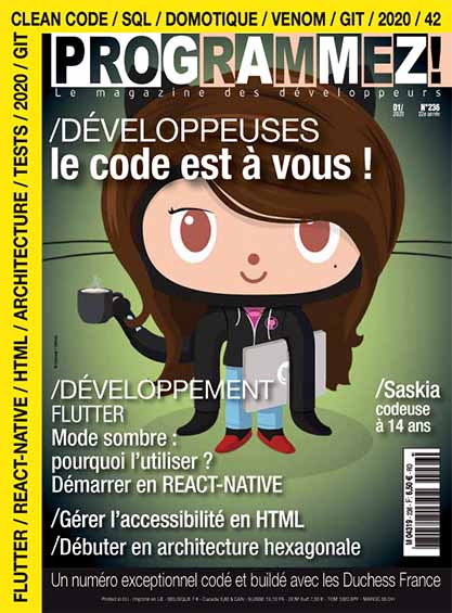 Start of the year 2020🙌: the largest French magazine for developers <a href="/progmag/">Magazine Programmez!</a> launched an edition crafted by women. Some amazing content by <a href="/eaboaf_/">Emmanuelle ABOAF</a> on accessibility, <a href="/aurelievache/">Aurélie Vache 🥑🐳🦸‍♀️✏️</a> on integration testing and more!