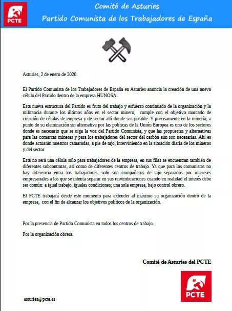 AsturiesPcte's tweet image. Productos del trabajo realizado por el PCTE en lucha minera, avanza la estructura partidaria entre los trabajadores del sector. Con la voluntad de extender entre la clase nuestra propuesta para el futuro de las cuencas, se conforma la célula de #Hunosa . 
#MasPartidoComunista