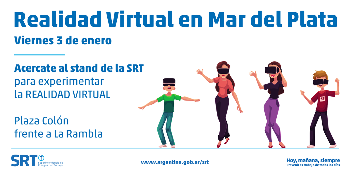SRTArgentina's tweet photo. #BuenViernes
LA SRT EN LA COSTA ATLÁNTICA
Hoy acércate al stand de la SRT en Plaza Colón frente a La Rambla de Mar del Plata.
Podrás participar de una capacitación con cascos de realidad virtual en buenas prácticas sobre trabajos en altura y evacuación de incendios. https://t.co/kLkv1HPPVz