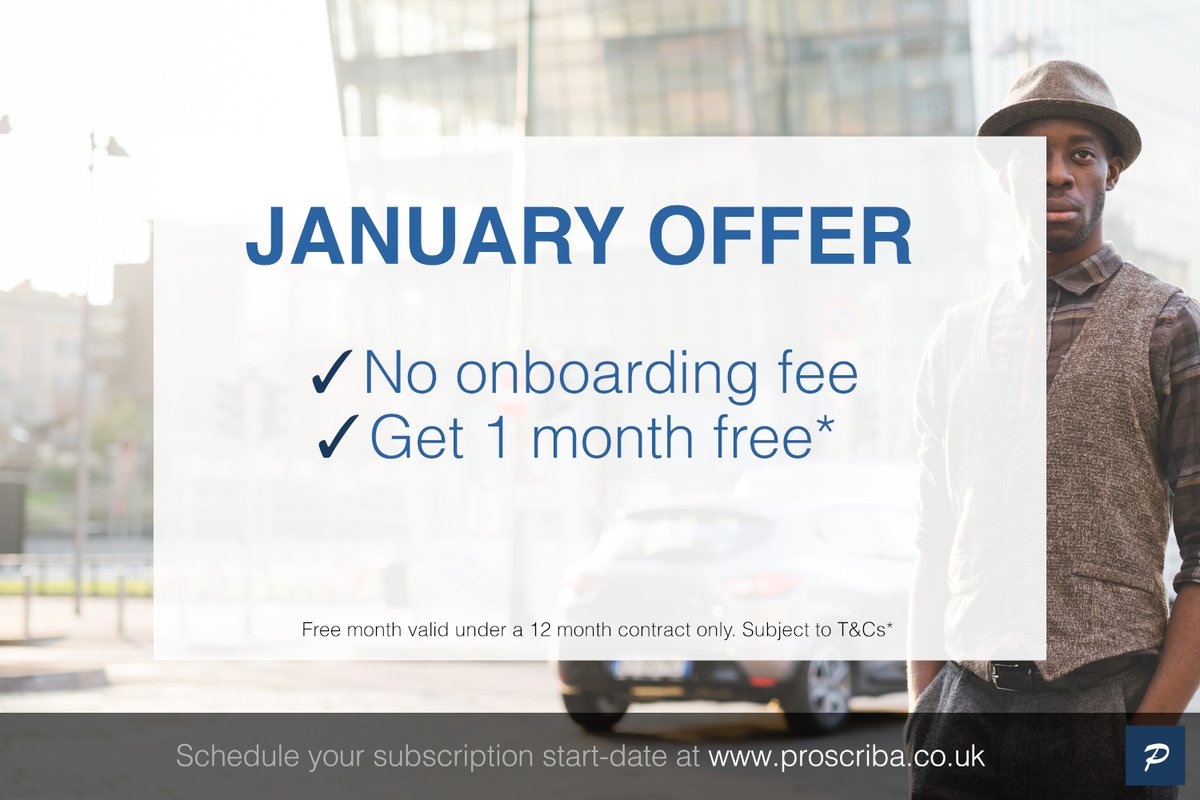Proscriba's tweet image. This January, all new subscribers benefit from:
✓ No onboarding fee
✓ 1 month free*
Subscriptions start from £99/mo.
Visit proscriba.co.uk to schedule your start-date and service on-boarding.