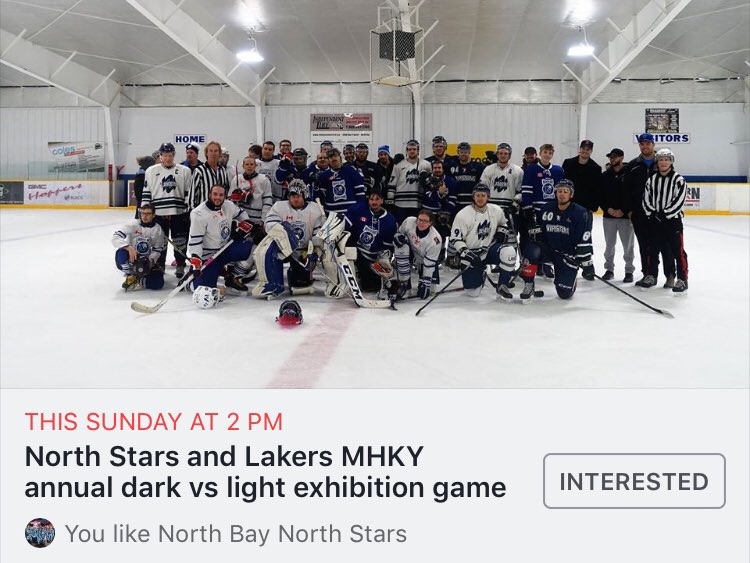 North Stars and Nipissing Lakers MHKY annual dark vs light game on Sunday at Pete Palangio 2-4 pm. We look forward to this game every year. <a href="/nulakers/">Nipissing Lakers</a> <a href="/NipissingU/">Nipissing University</a> <a href="/McparlandMike/">Mike McParland</a> <a href="/yourtvnorthbay/">yourTV North Bay</a> <a href="/BayTodaySports/">BayTodaySports</a> #northbay #specialhockey #community