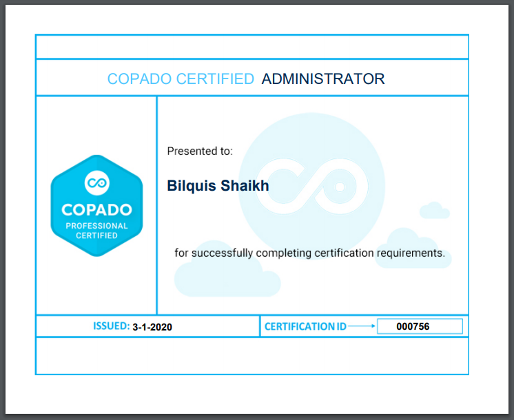 sbilquis27's tweet photo. Happy to share! Earned my #CopadoAdministratorCertification today!🥳
A great way to start 2020!🤘

@CopadoSolutions @RajeshJShah09 @t4runjain @chiragmehta84 #TrailblazerCommunity #SalesforceOhana https://t.co/Z4e4lIInYR