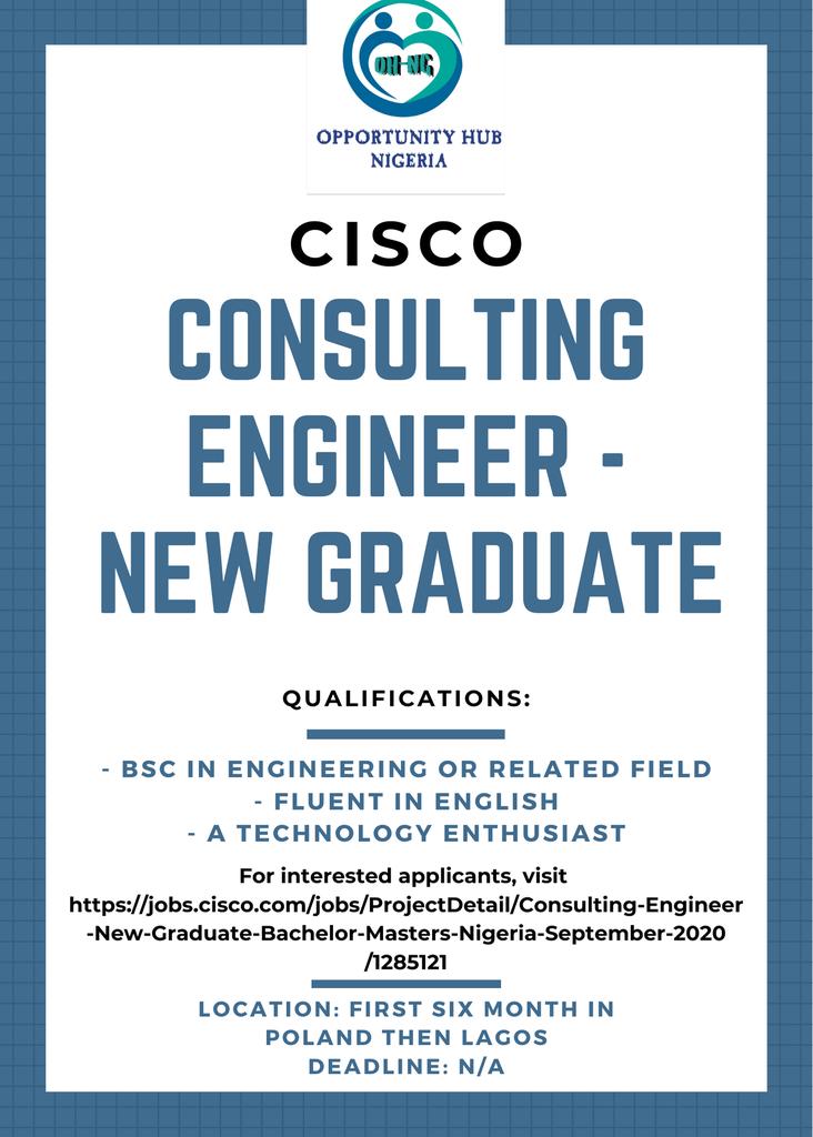 Consulting engineer needed at Cisco. 

RT and Follow.

#nigerianjobs #jobseekers #Jobs #Career #careerdevelopment #graduate
