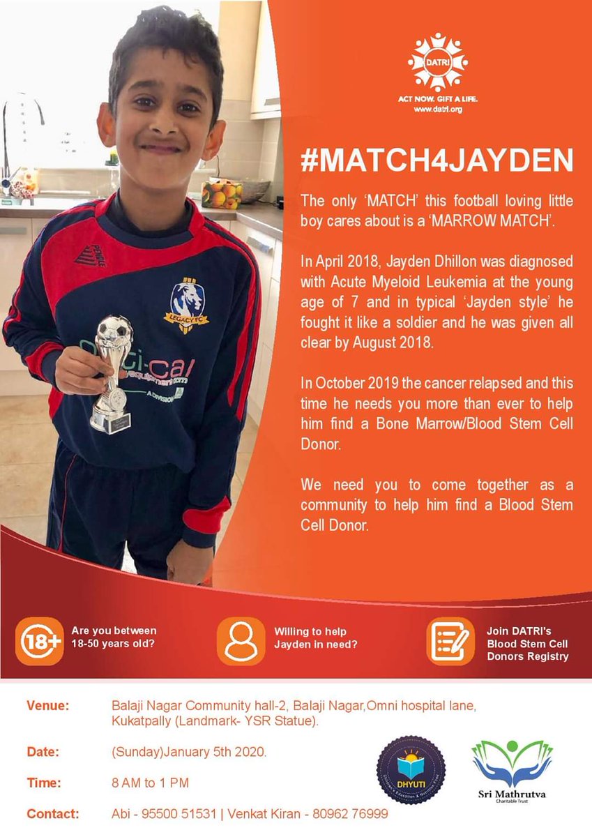 abilash_rao's tweet photo. Help us to Find a Stem Cell Donor to Save Jayden.

We are conducting :
1)Stem Cell Matching Test Drive For Cancer Affected Children and
2)Blood Camp for Thalassemia Affected Children.

I request you to please spare 30 minutes of your time to save the children. Thank you. https://t.co/VHR6SdKeVg