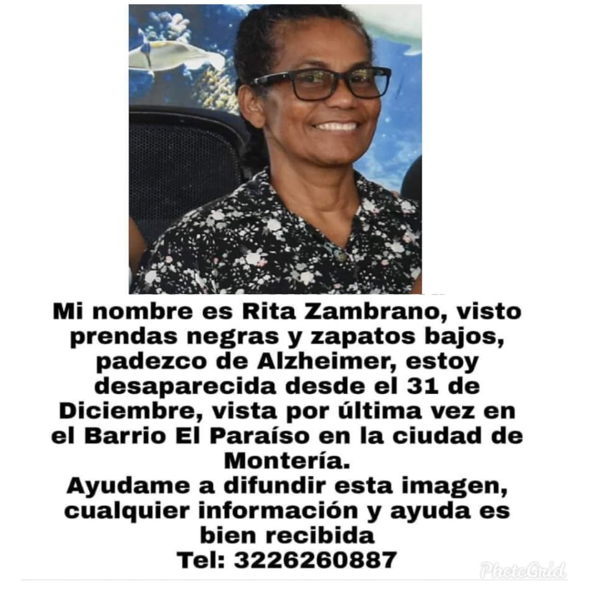 CHICANOTICIAS1's tweet photo. ATENCIÓN | #Desaparecida
Ella es RITA ZAMBRANO DIAZ, desapareció el pasado 31 de diciembre en el barrio El Paraíso de Montería. Padece problemas de salud. Su familia la está buscando y pide ayuda para encontrarla. Si la haz visto llama al celular 3226260887. https://t.co/s2YRESfU8w