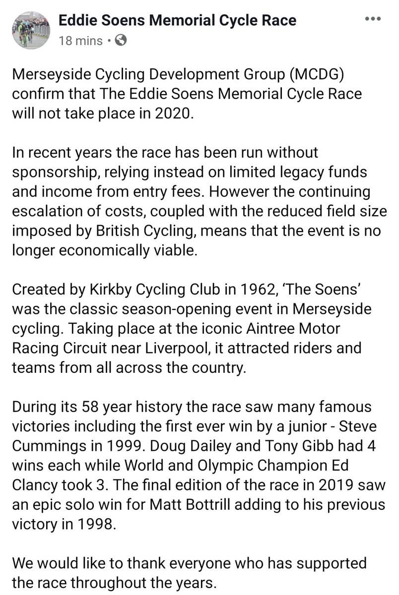 BREAKING: The famous Eddie Soens race will NOT be held this year due to increasing costs and reduced field size imposed by <a href="/BritishCycling/">British Cycling</a>. Such a major blow for the racing scene in the UK