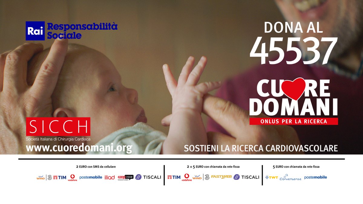 Campagna #RaccoltaFondi di Fondazione #CuoreDomani che nasce dalla Società Italiana di Chirurgia Cardiaca #SICCH per promuovere la #ricercascientifica e progetti di #prevenzione #educazione e #divulgazione nel campo delle malattie #cardiovascolari. #Numerosolidale 45537. <a href="/RaiPlay/">RaiPlay</a>