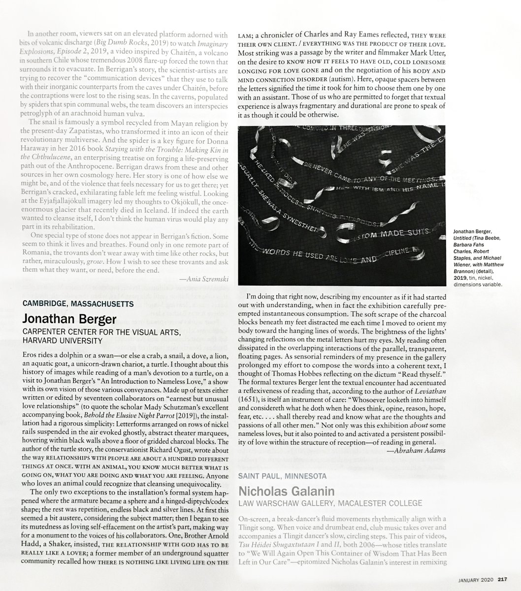 Thank you <a href="/Artforum/">artforum</a> for the review on our most recent exhibition Jonathan Berger: An Introduction to Nameless Love! Check out the full review in the latest January 2020 issue!