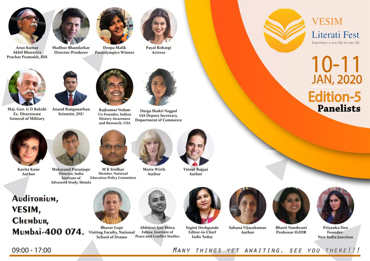 Mumbai plz do not miss this rare opportunity to start 2020 with celebration of Ideas.
#VESIMLitFest is back with a bang. The finest, the best, all on one platform.

<a href="/MakrandParanspe/">Makarand R Paranjape, Ph.D. (Illinois)</a> <a href="/Iyervval/">Abhijit Iyer-Mitra</a> <a href="/ARanganathan72/">Anand Ranganathan</a> <a href="/priyankadeo/">Priyankka Deo</a> <a href="/yoginisd/">Yogini</a> <a href="/SahanaVijay/">Sahana Vijayakumar</a> <a href="/bharatgupt/">Bharat Gupt</a> <a href="/SatishModh/">Prof. Satish Modh</a> <a href="/zankrut/">Zankrut Oza</a>