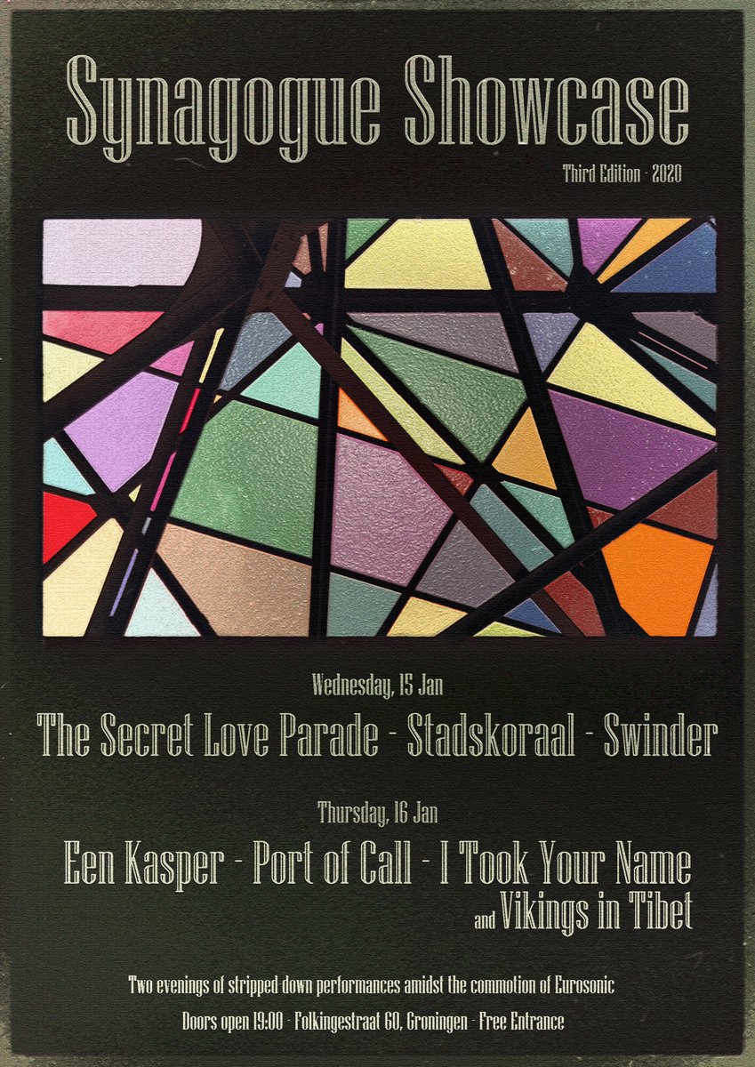 New year, old building, same mini-festival!
The line-up for Synagogue Showcase 2020 is as follows:

The Secret Love Parade / Stadskoraal (<a href="/milou_mignon/">Milou Mignon</a>) / <a href="/swindergrunn/">Swinder</a> / Een Kasper / Port of Call / <a href="/ITookYourName/">İsmail Dündoğdu</a> / <a href="/vikingsintibet/">Vikings in Tibet</a>