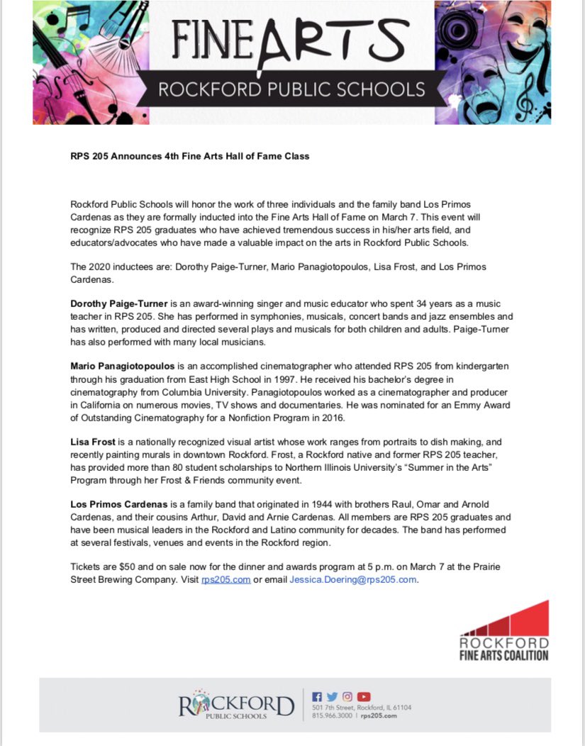 RPS 205 Fine Arts is excited to announce the 2020 Fine Arts Hall of Fame inductees! Tickets are on sale now for the event on March 7th, at 5:00p.m. Link to purchase tickets is below! #rps205 il-rockford-lite.intouchreceipting.com