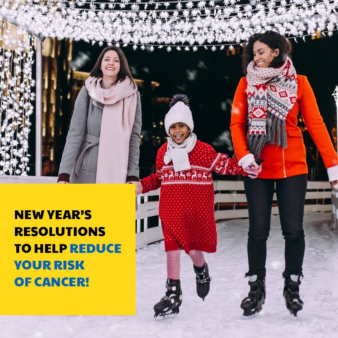 Inspired to work towards a healthier lifestyle for the new year? Here are some easy resolutions that also help reduce your cancer risk.

🚭 Live smoke-free
☀️ Be sun safe 
🥕 Eat well 
⛸️ Move more 

Learn more at bit.ly/2SSvzPl and RT to share these tips!