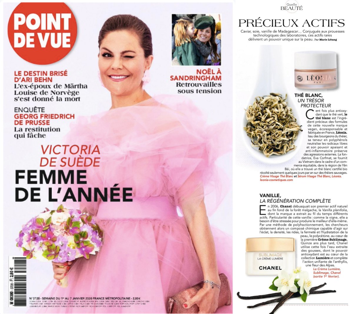 LeoniaCosmetics's tweet photo. Quand Léonia et notre précieux thé blanc sont mis à l'honneur dans le 1er numéro 2020 de @PointDeVueMag , et qui plus est, aux côtés de CHANEL ! ✨
"Cent fois plus antioxydant que le thé vert, le thé blanc est l'ingrédient précieux des formules de cette nouvelle marque (...)" https://t.co/kaYTwTCLGv