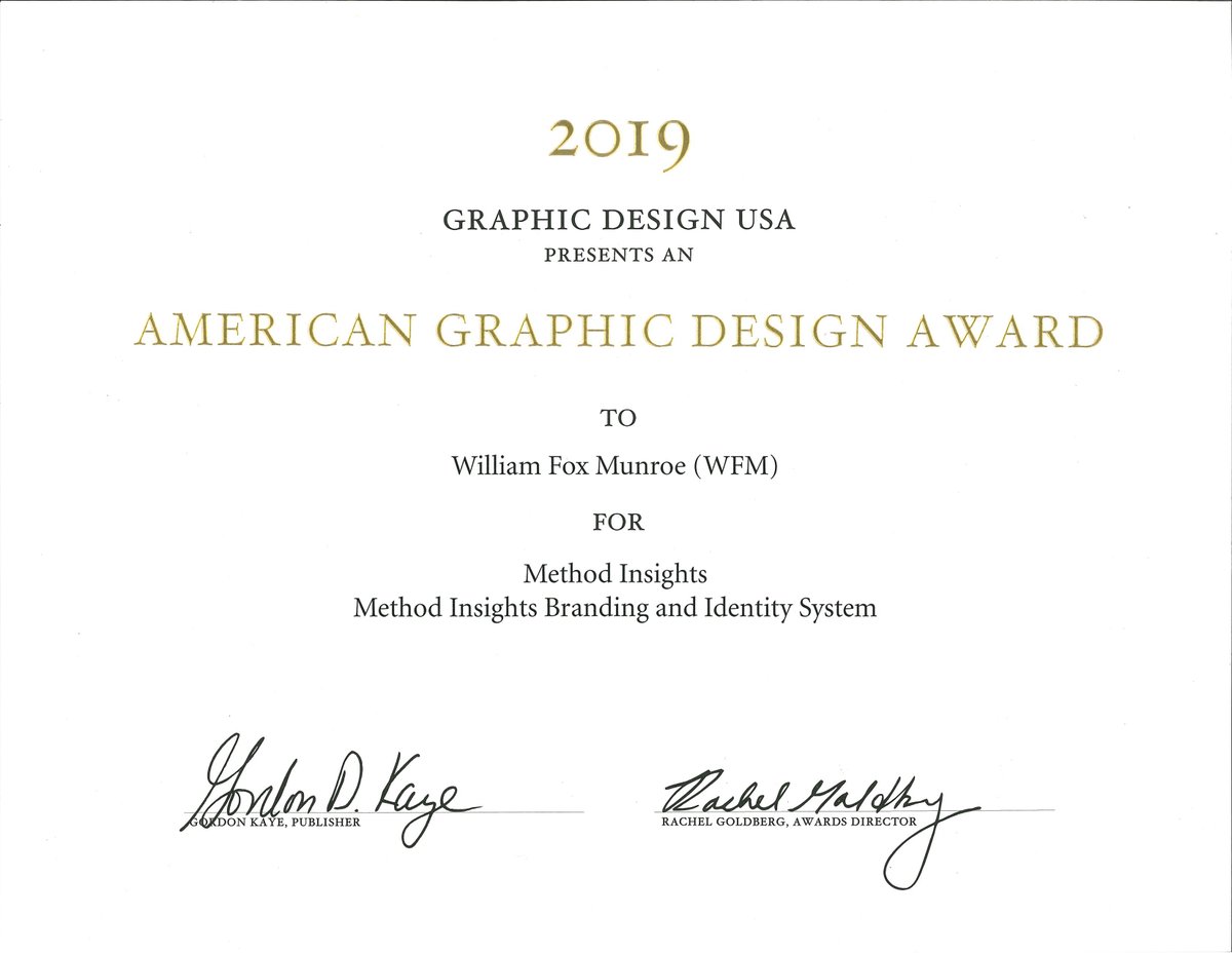 wfm_inc's tweet photo. WFM is proud to announce our recent GDUSA American Graphic Design Award recognizing our Method Insights branding and identity package design developed in partnership with Method Insights, a global custom research firm.  #creativity #design #branding #research #gdusa https://t.co/sJ3ciB00ZZ