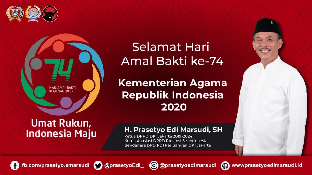 PDI_Perjuangan's tweet photo. Ketua DPRD DKI Jakarta, Prasetyo Edi Marsudi mengucapkan Selamat Hari Amal Bakti ke-74 Kementerian Agama Republik Indonesia Tahun 2020.
Umat Rukun, Indonesia Maju.
#PDIPerjuangan
#PDIPerjuangan47Tahun
#HAB74
#HariAmalBakti
#UmatRukun
#IndonesiaMaju https://t.co/w6GJ5AHr4Z