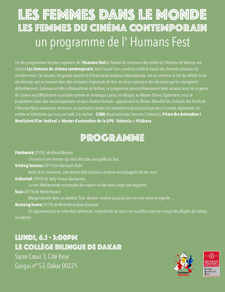 HumansFest's tweet photo. El próximo #lunes 6 de #enero @HumansFest junto a #UniversiteToulouse1Capitole presentan la jornada LES FEMMES DANS LE MONDE (es femmes du cinéma contemporain) en #LeCollègeBilingue de #Dakar a partir de las 15h. #SamuelSebastian, director de #HumansFest, 
 también participará. https://t.co/pwGNlnuiqa